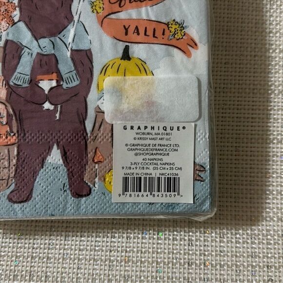 GRAPHIQUE 40 Fall Harvest Bear Pumpkins Square Blue Brown Cocktail Napkins - Picture 4 of 8